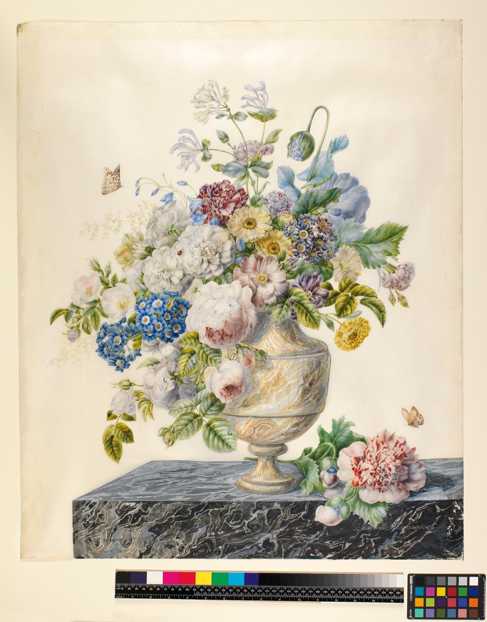 Een marmeren vaas met gemengde bloemen op een marmeren plank, ca. 1800 door Cornelis van Spaendonck