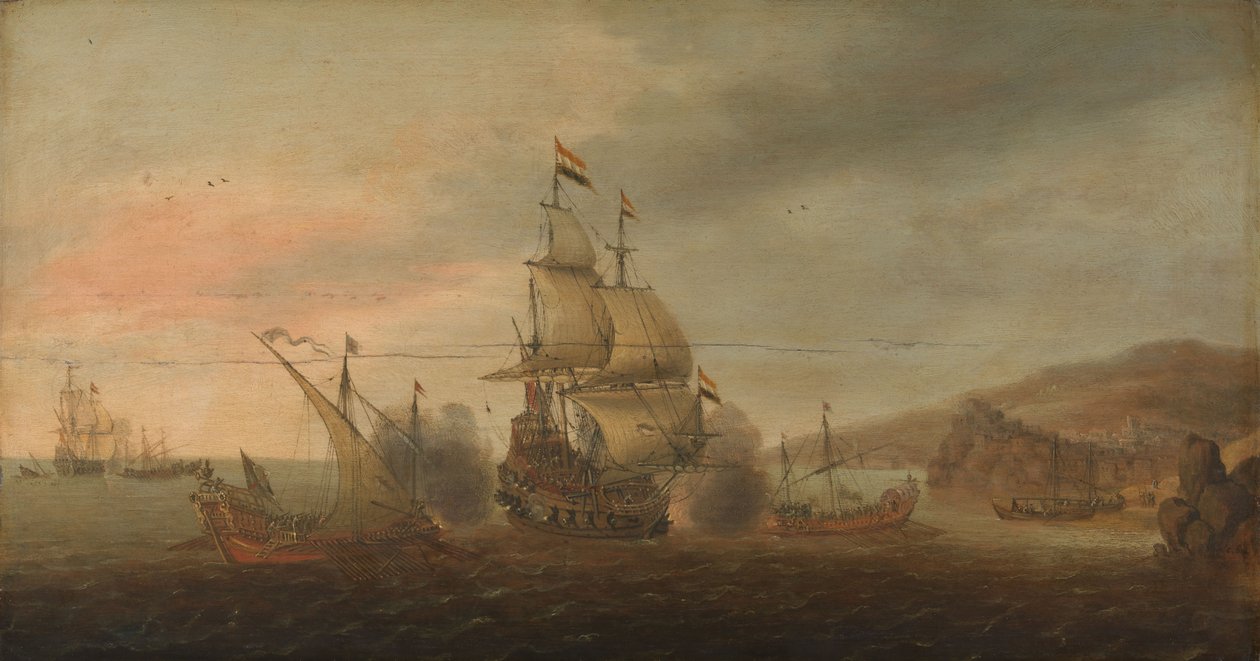 Zeeslag tussen Nederlandse oorlogsbodems en Spaanse galeien, ca. 1633-1650 (olieverf op paneel) door Cornelius Bol
