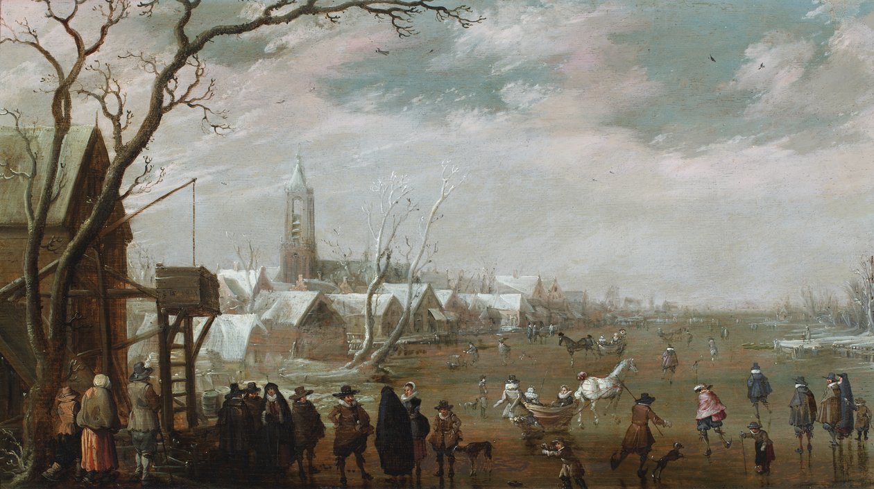 Een winters dorpsgezicht met figuren op het ijs door Cornelius Droochsloot