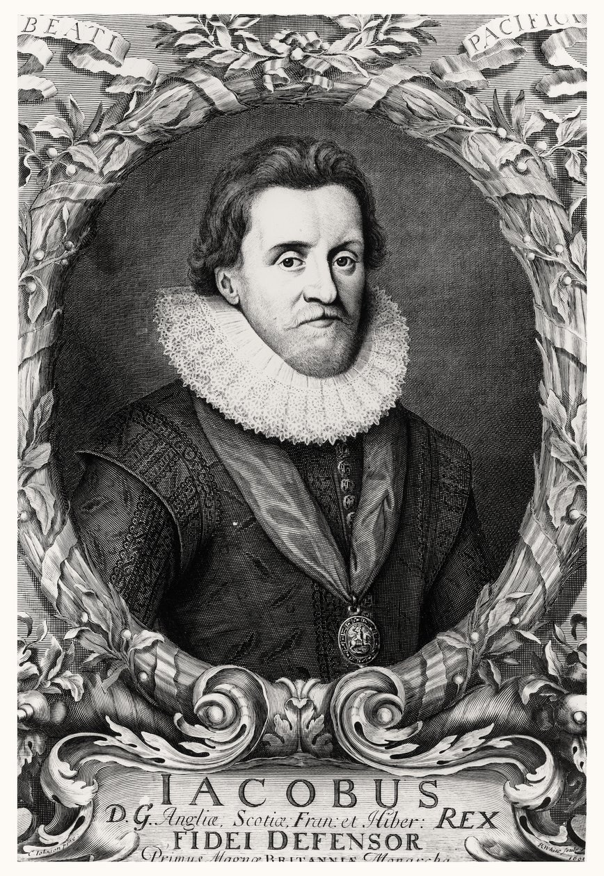 Portret van James I, koning van Groot-Brittannië, gegraveerd door R.White, 1669 door Cornelius I after Johnson