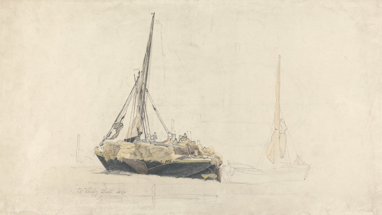 Een zeilpraam die wordt geladen met hooi, december 1827 door Cornelius Varley