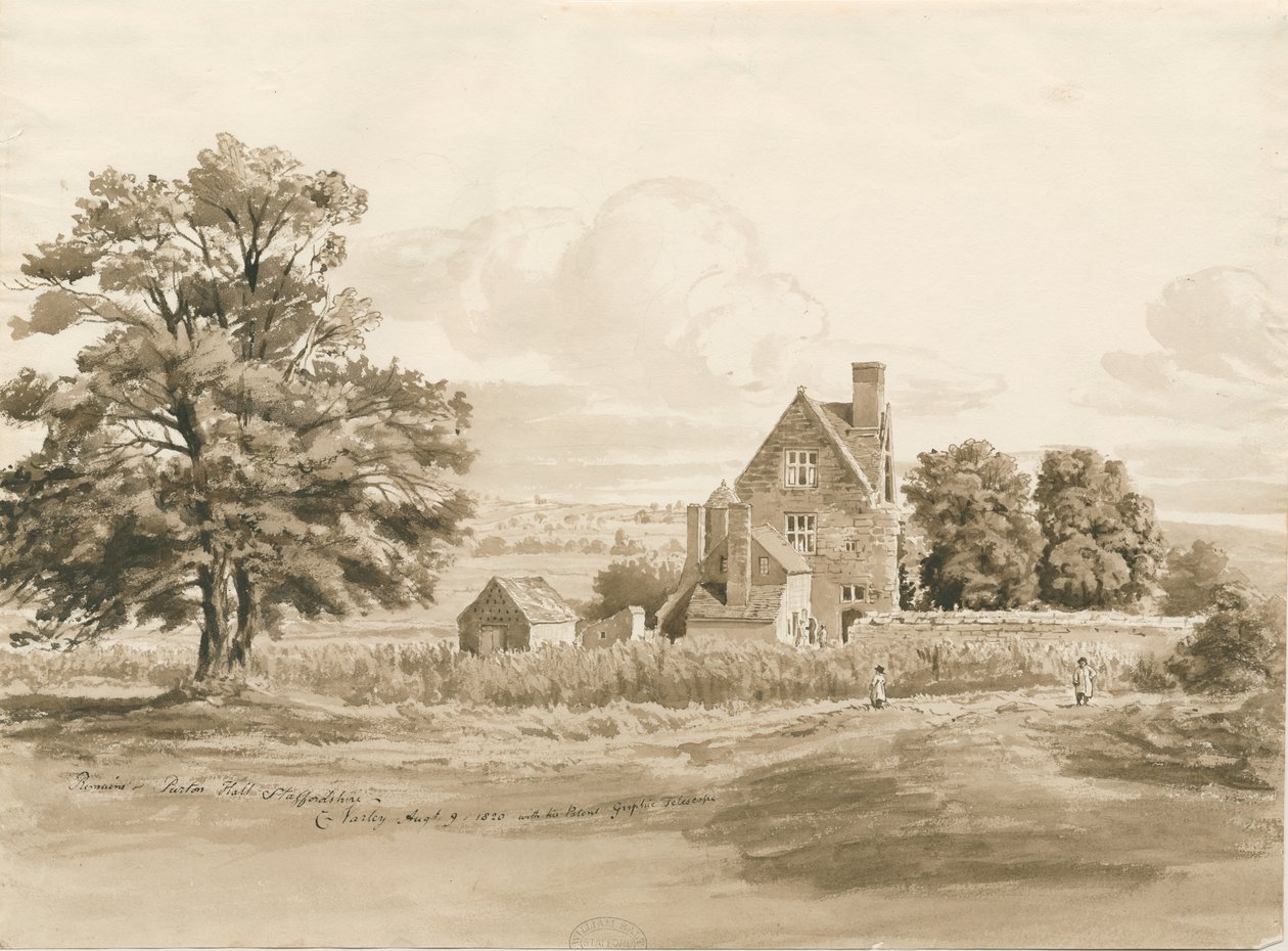 Tettenhall - Perton Hall: sepia wassing tekening, 9 aug 1820 door Cornelius Varley