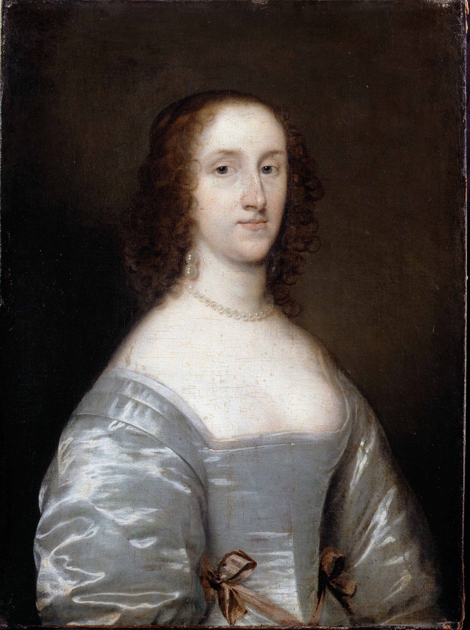 Portret van een dame in wit door Cornelius the elder Johnson