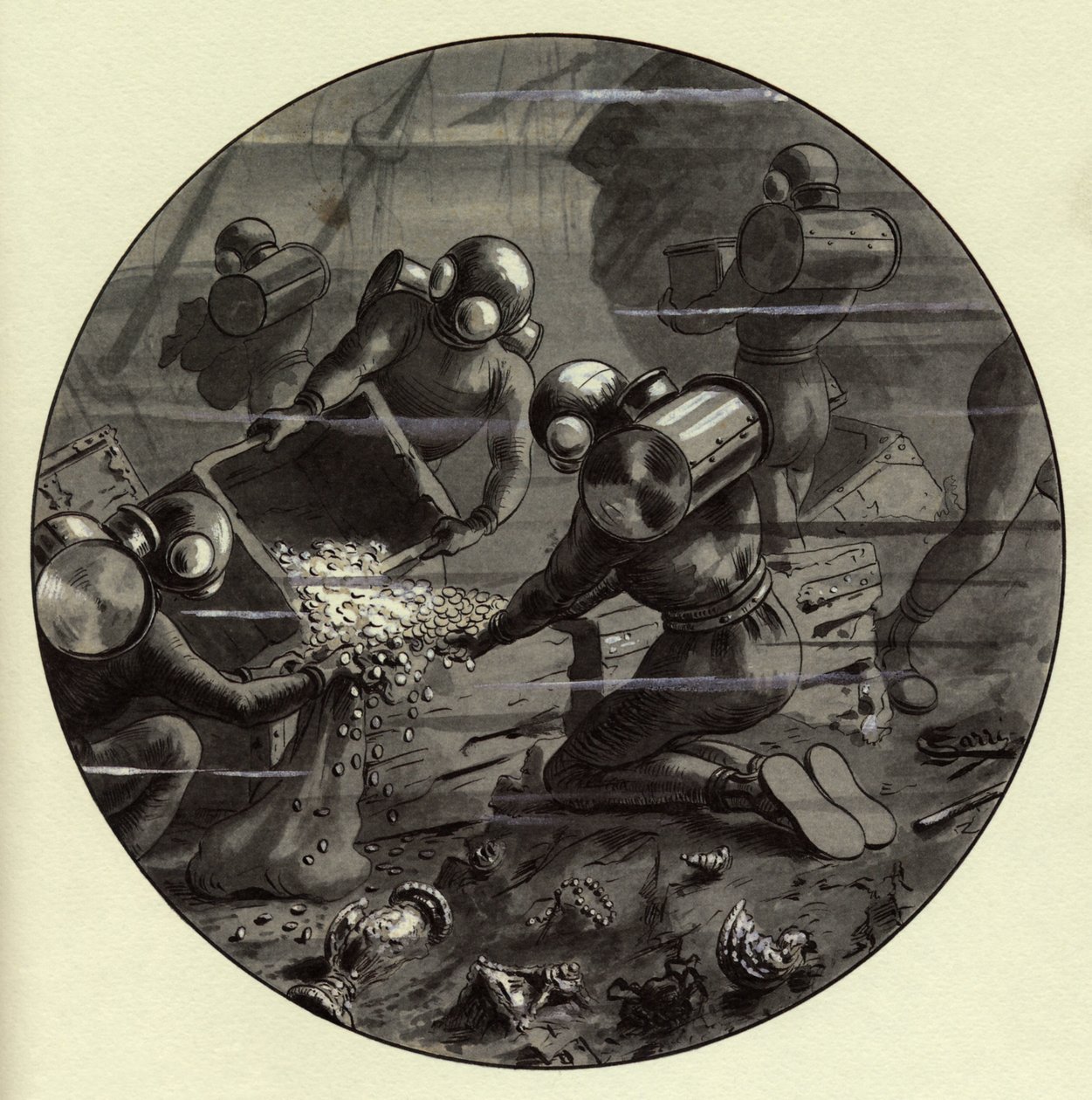 Illustratie door Corrado Sarri voor "Twintigduizend mijlen onder zee" (Vingt-mille - 20 000 - 20000) van Jules Verne. Geïllustreerde uitgave uit de jaren 1920. door Corrado Sarri