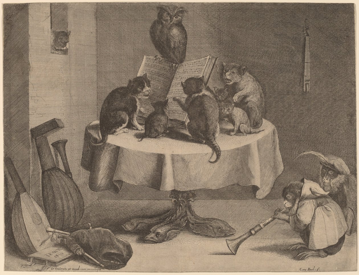 Het concert van de kat door Coryn Boel after David Teniers the Younger