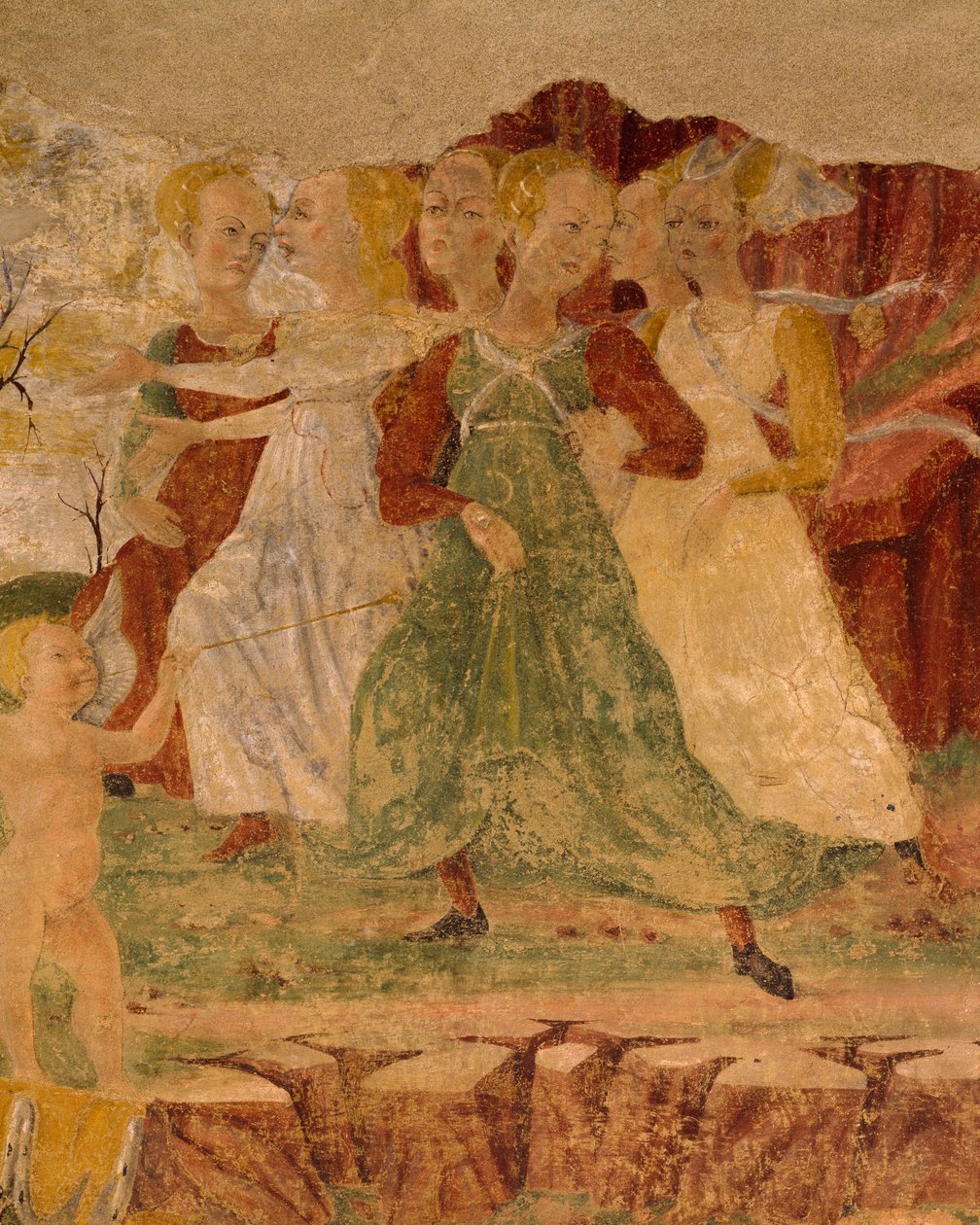 Wanhoop van de dienstmeiden van Proserpina, detail van Triomf van Ceres, scène uit Maand Augustus, toegeschreven aan Cosimo Tura en Meester van Ercole, fresco, noordmuur, Hal van de Maanden, Palazzo Schifanoia (Paleis van Vreugde), Ferrara, Italië, circa 1 door Cosimo (attr. to) Tura