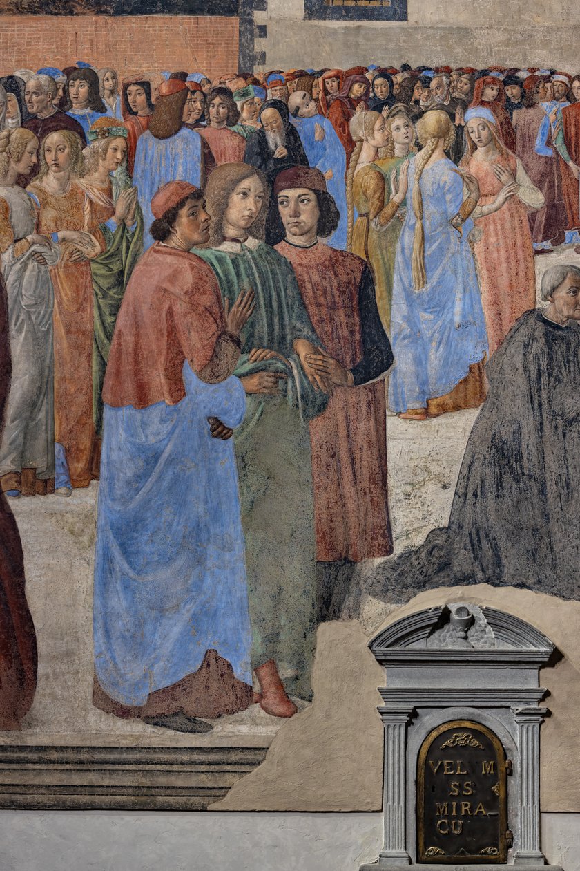 De groep van Neoplatonische humanisten (van links, Marsilio Ficino, Giovanni Pico della Mirandola en Agnolo Poliziano): detail van het 