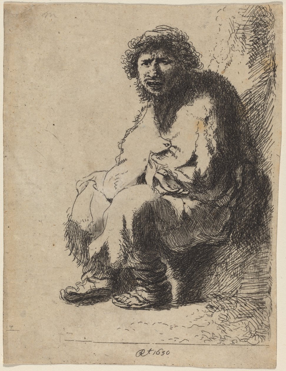 Bedelaar zittend op een bank door Costantino Cumano after Rembrandt van Rijn