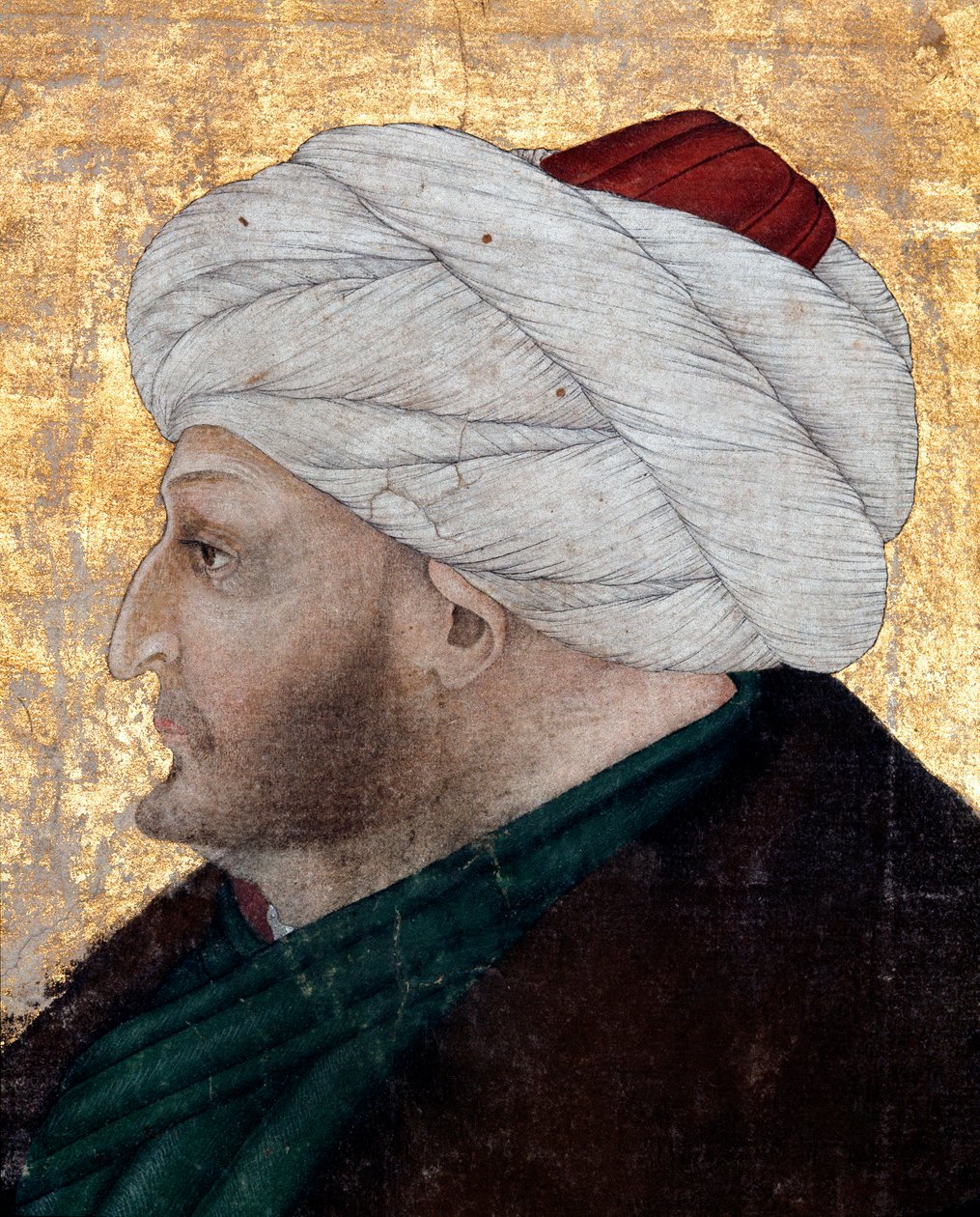 Portret van de Ottomaanse Sultan Mehmet II (Mehmed II de Veroveraar of Muhammad II Fatih) (1430-1481) Schilderij door miniaturist Costanzo da Ferrara (circa 1450-1524). Detail (detail). Topkapi Sarayi Museum Bibliotheek Istanboel door Costanzo da Ferrara