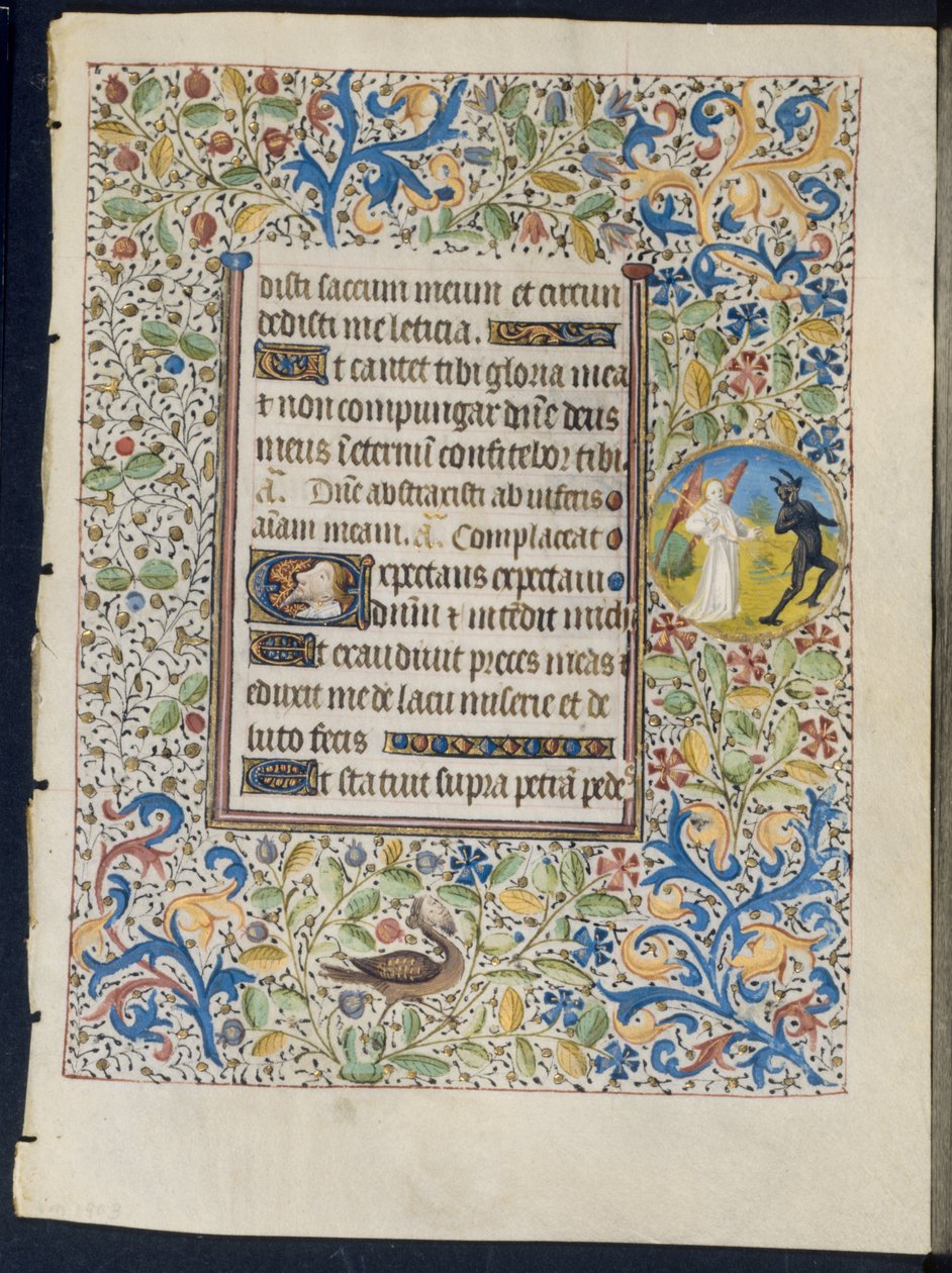 Blad uit een Getijdenboek: Engel die een Duivel Achtervolgt recto en Twee Duivels verso, ca. 1460 door Coëtivy Master