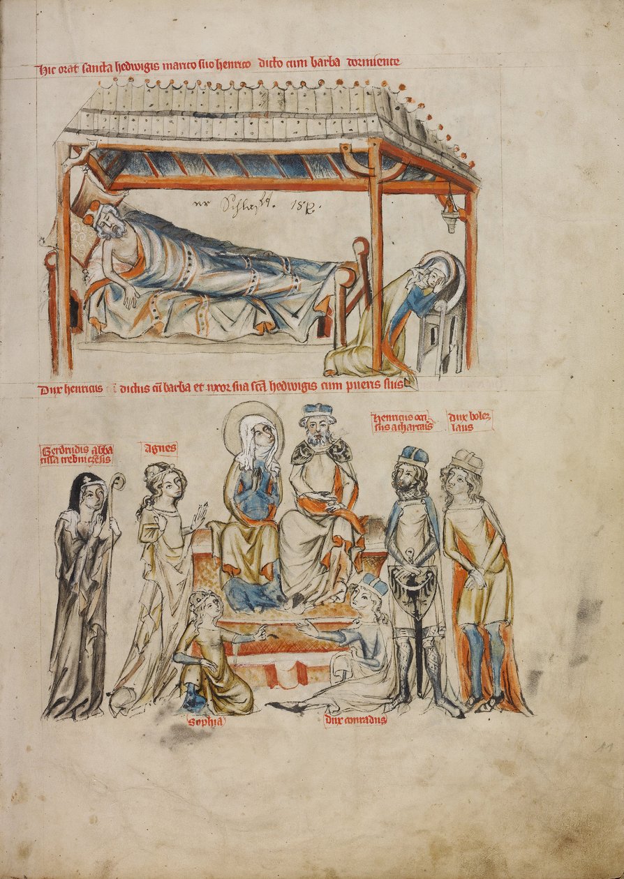 Heinrich slaapt en Hedwig bidt. Heinrich en Hedwig met hun kinderen, 1353 door Court workshop of Duke Ludwig I