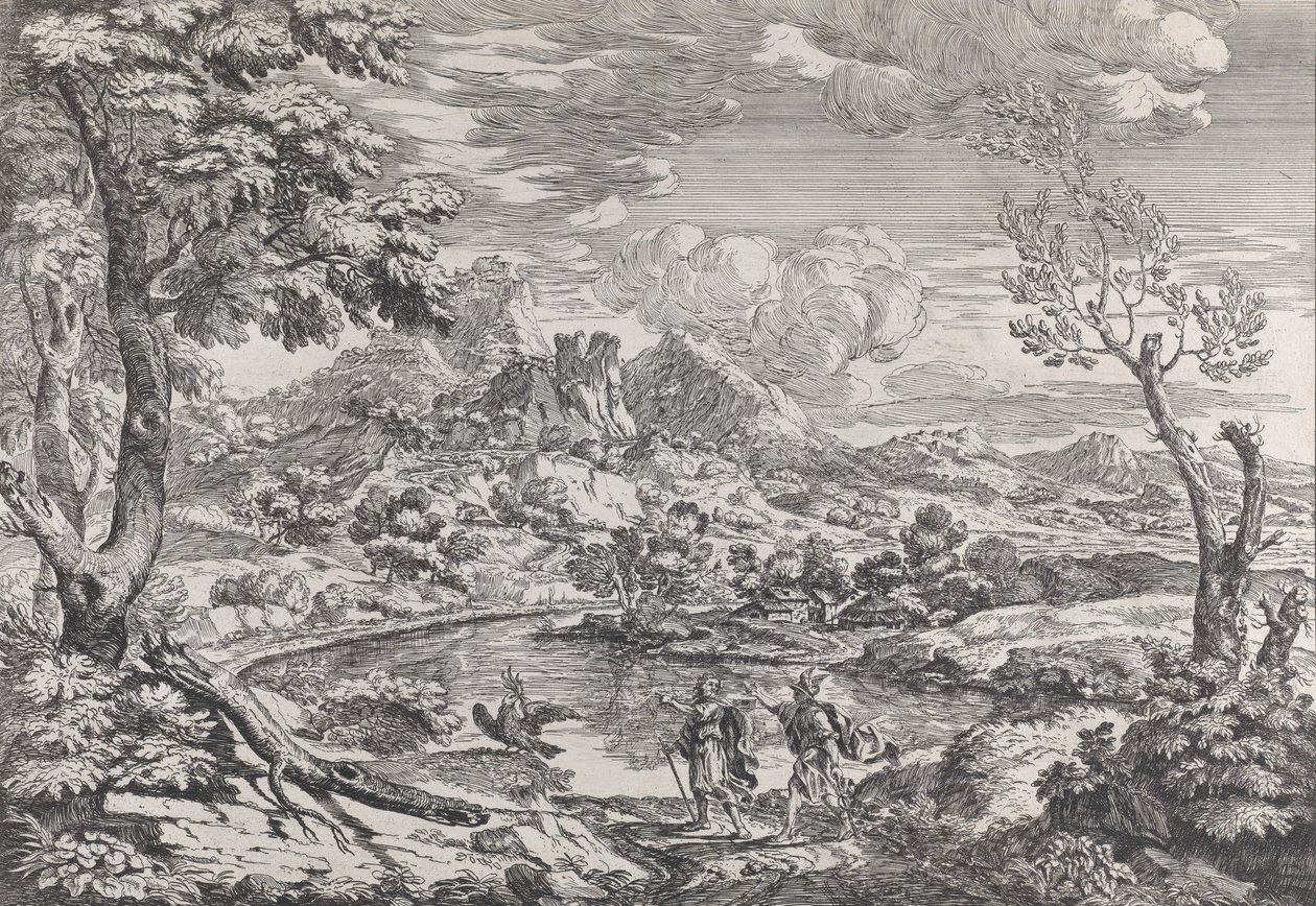 Landschap met een man die Mercurius de adelaar van Jupiter toont, ca. 1695-99 door Crescenzio Onofri