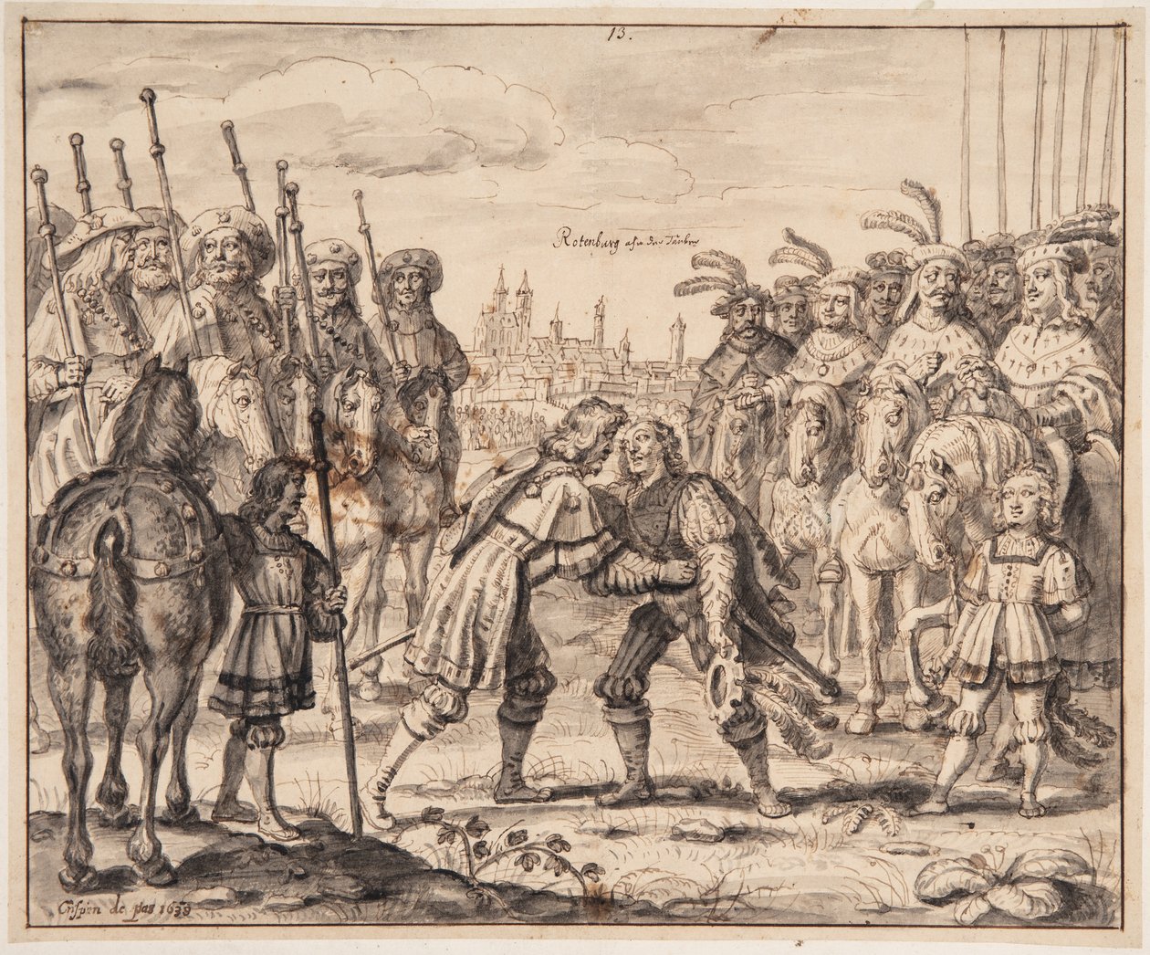 Christiaan I ontmoet Prins Maximiliaan in Rothenburg ob der Tauber in 1474 door Crispijn de Passe