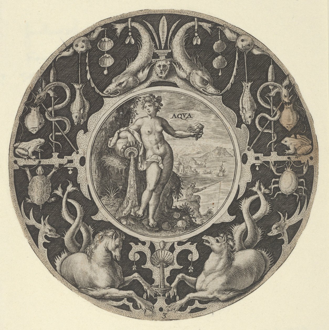 Aqua in een decoratieve rand met zeedieren, uit een serie cirkelvormige ontwerpen, 1590-1612 door Crispijn de Passe I