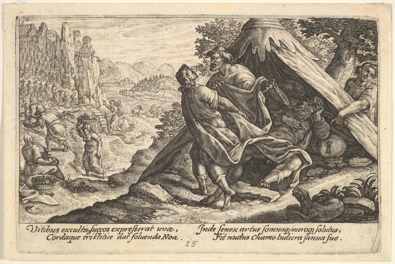 Dronkenschap van Noach: Sem en Jafet bedekken het naakte lichaam van Noach, 1612 door Crispijn de Passe I