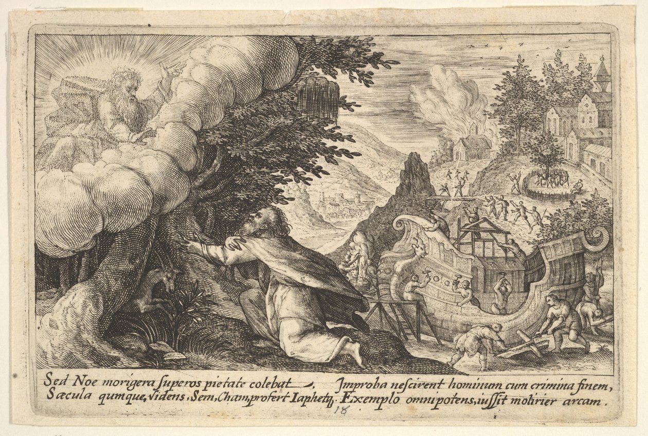 Noach knielt voor God links, de bouw van de ark is verderop bezig, uit een serie, 1612 door Crispijn de Passe I