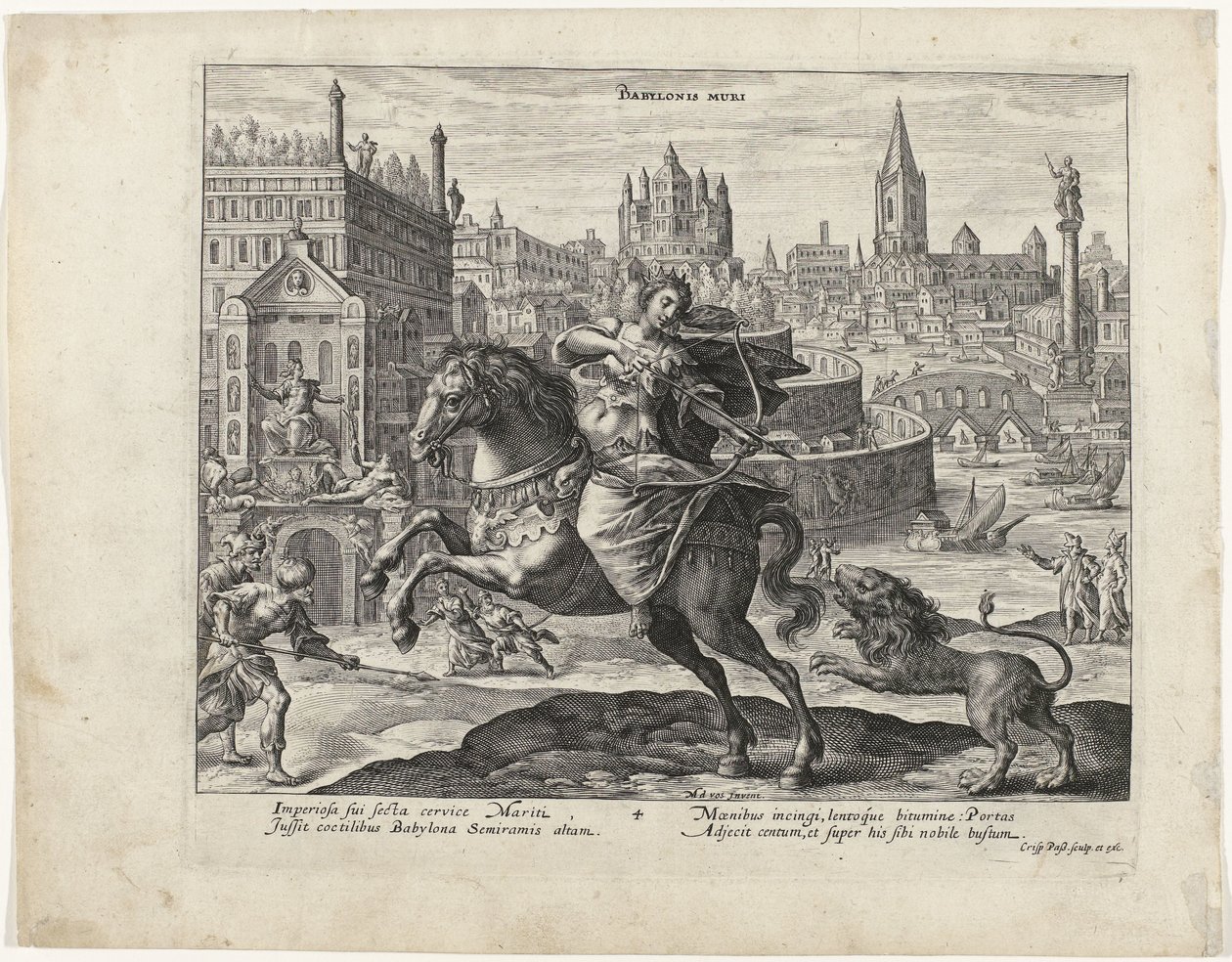 Hangende tuinen van Babylon met op de voorgrond een leeuwenjacht door Crispijn van de Passe (I)