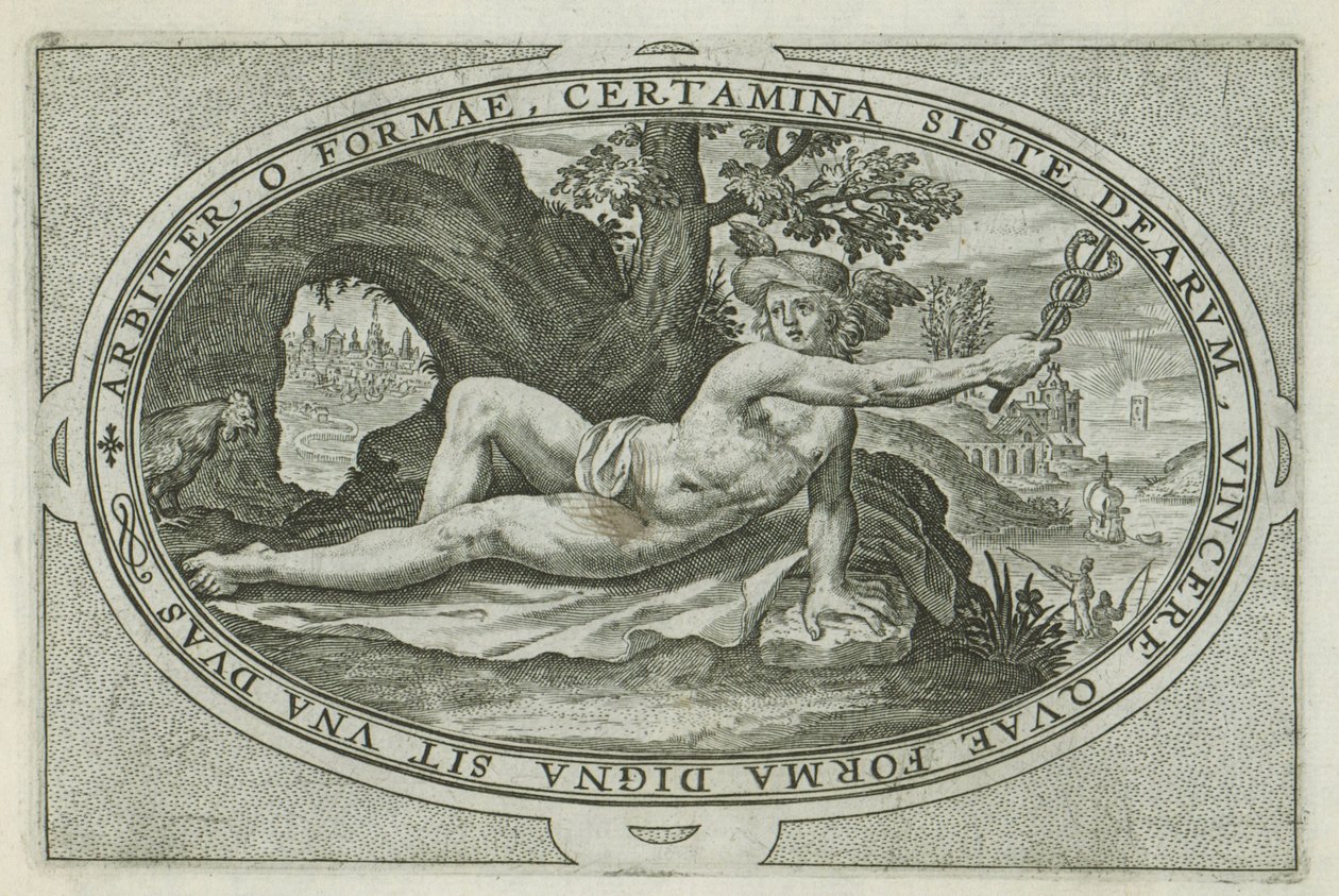 Mercurius Goden en godinnen betrokken bij het oordeel van Paris (serie titel) door Crispijn van de Passe (I)