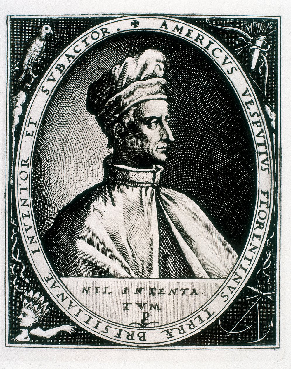 Portret van Amerigo Vespucci, inscriptie "Americus Vesputius Florentinus Terrae Bresilianae Inventoret Subactor" (gravure) door Crispin I de (after) Passe