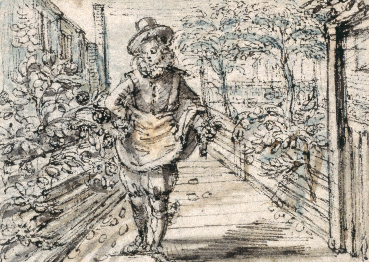 Een modieus geklede jongeman wandelt in een rozentuin in de stad door Crispin I de Passe