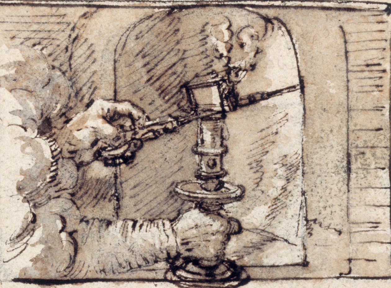 Een paar handen uit een wolk, een kaars in een kandelaar uitblazend (pen & bruine inkt met bruine was op papier) door Crispin I de Passe