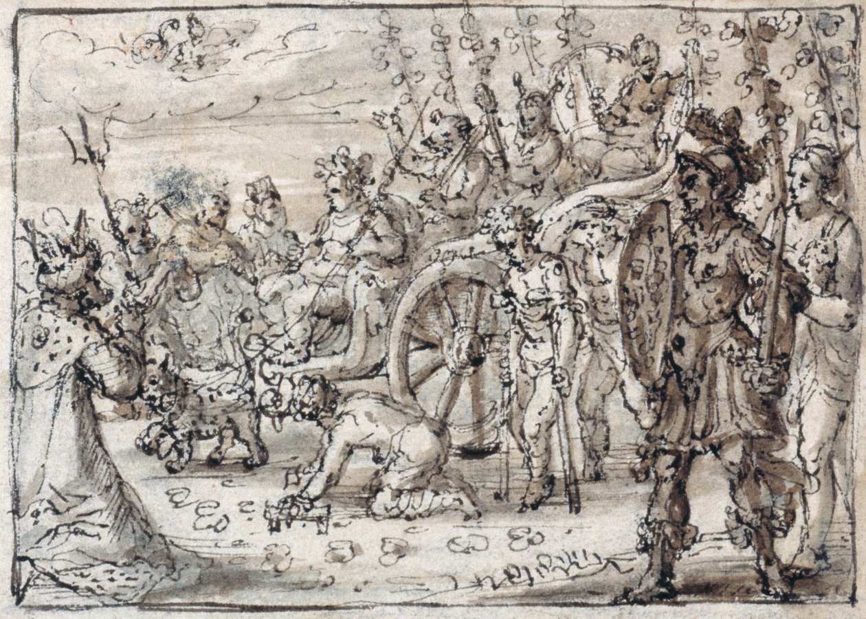 Triomfantelijke intocht van de Indiase Bacchus in Thebe (pen & bruine inkt met bruine was op papier) door Crispin I de Passe