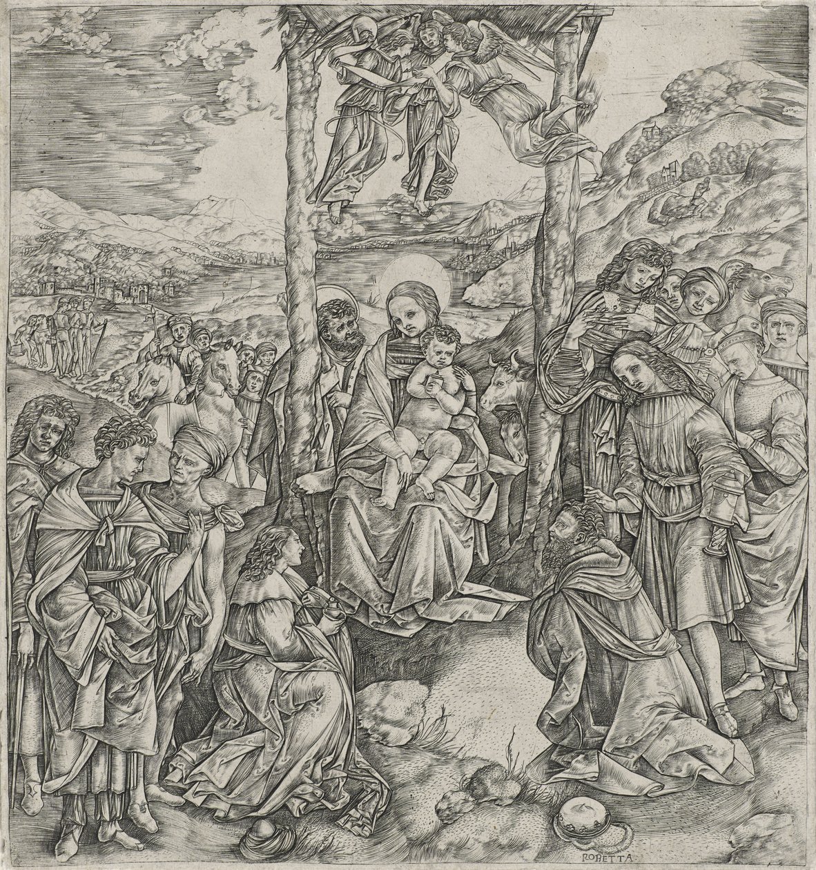 Aanbidding der Wijzen (gravure) door Cristofano Robetta