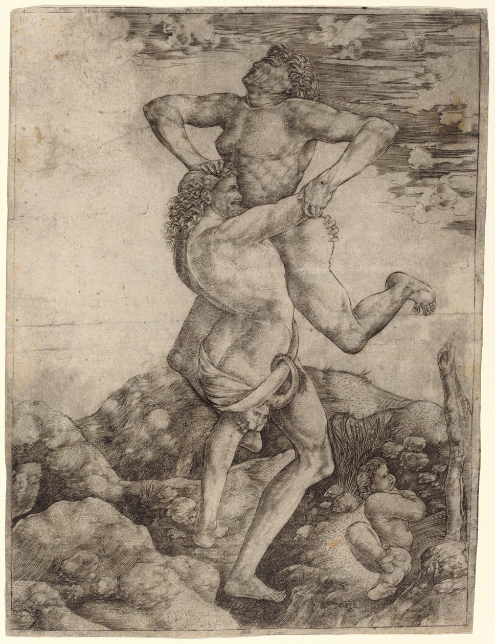Hercules en Antaeus door Cristofano Robetta, after Antonio del Pollaiuolo