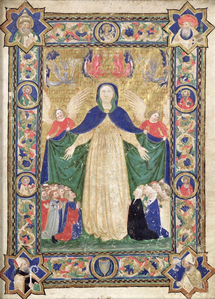 Maagd van de Barmhartigheid, frontispice uit een boek van de Scuola della Trinita dei Frati Teutonici, 1422 door Cristoforo Cortese