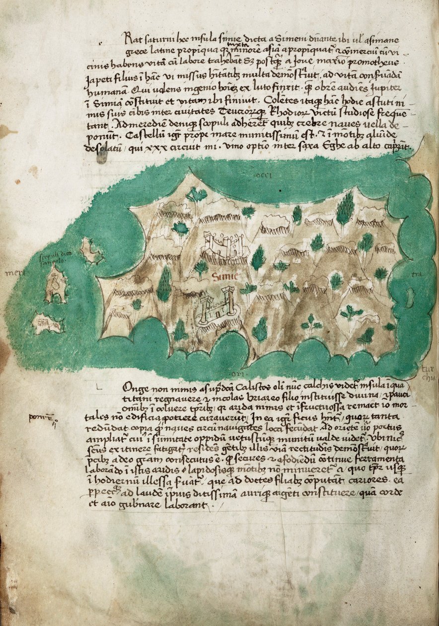 Symi, cartografische opmeting van het Griekse eiland, met handgeschreven aantekeningen op perkament door Cristoforo Buondelmonti