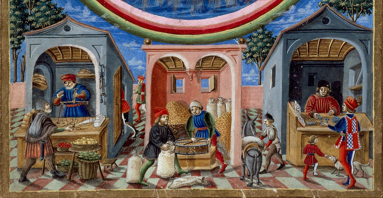 Detail van handelaren die verschillende artikelen verkopen: links een handelaar in fruit en groenten, in het midden een molenaar die graan vormt (detail) door Cristoforo De Predis