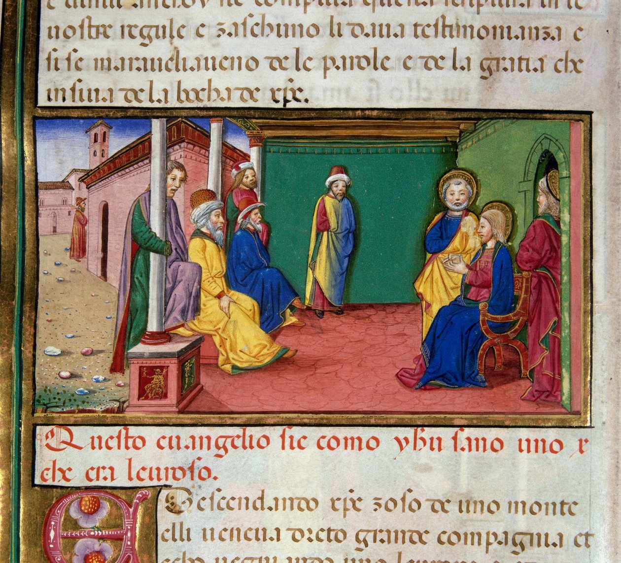 Jezus gaat op een zaterdag naar de synagoge van Nazareth en leest het boek van de profeet Jesaja Miniatuur door Cristoforo De Predis (1440-1486) na de Geschiedenis van het Nieuwe Testament door Cristoforo De Predis