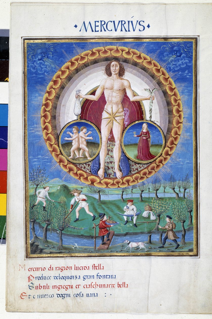 Mercurius met sterrenbeelden van de Maagd en de Tweelingen. Beneden, boeren die op het land werken. Miniatuur gemaakt door Cristoforo de Predis (ca. 1440-ca. 1486) - in 