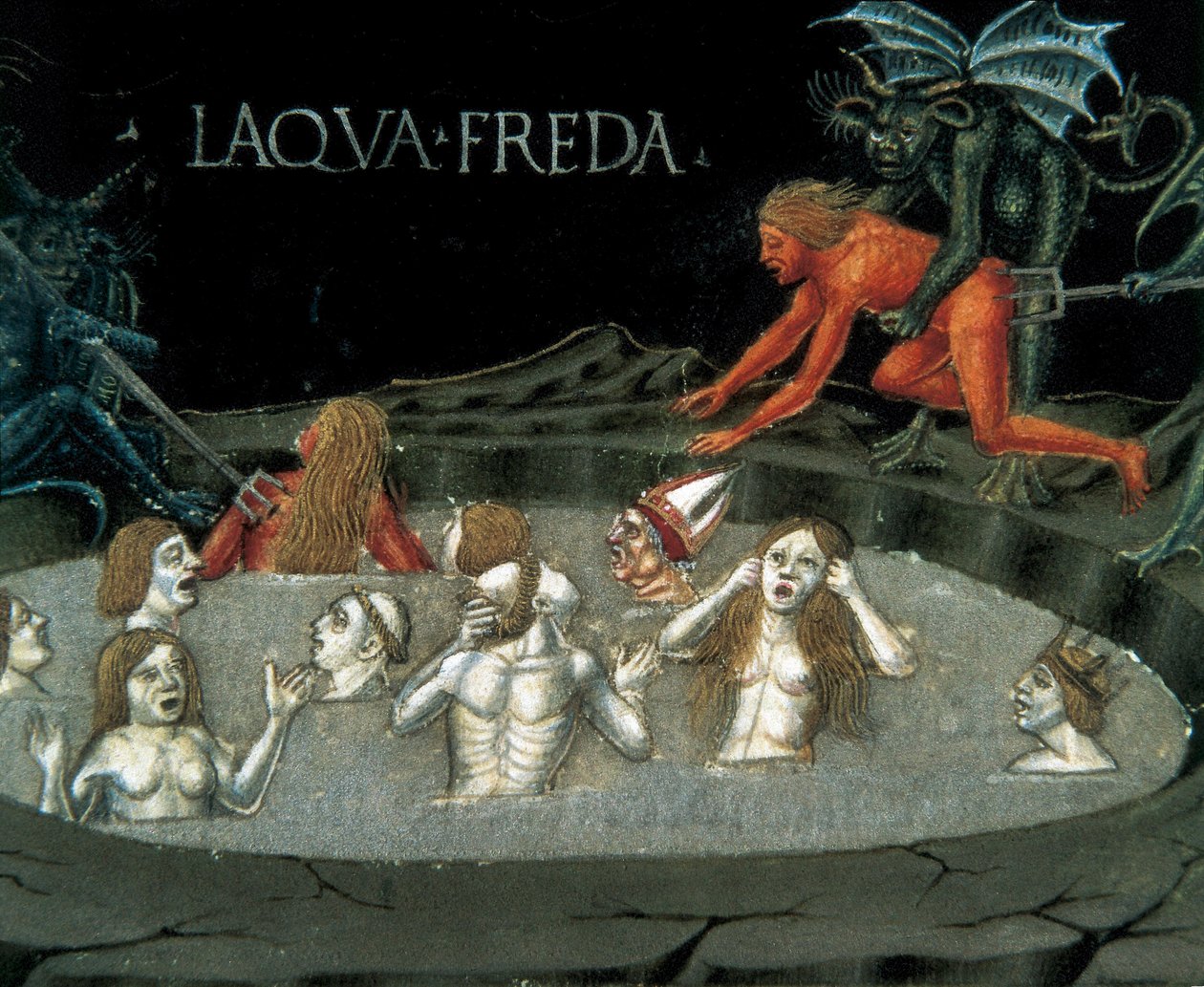 Voorstelling van een cirkel van de onderwereld: verdoemden in koud water. Miniatuur door Cristoforo De Predis (1440-1486) uit de Geschiedenis van het Nieuwe Testament door Cristoforo De Predis