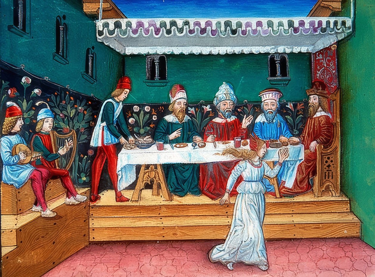 Tijdens het feestmaal van Herodes overhandigt Salome het hoofd van Johannes door Cristoforo De Predis