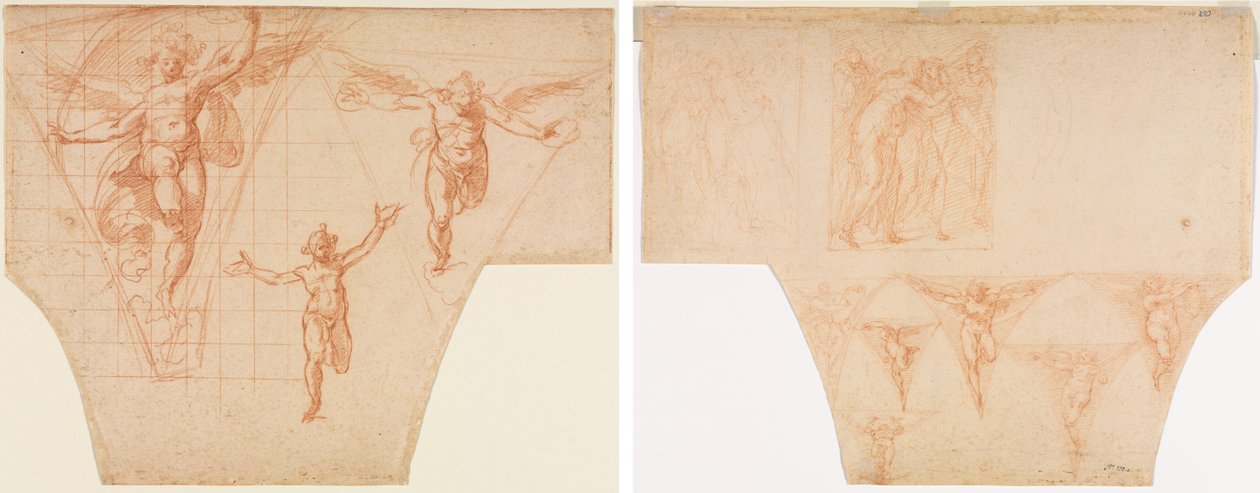 Drie studies van engelen voor een pendentief (recto); Studies voor Christus die zijn moeder ontmoet op de weg naar Calvarie, studies van een engel in een pendentief (verso) door Cristoforo Roncalli