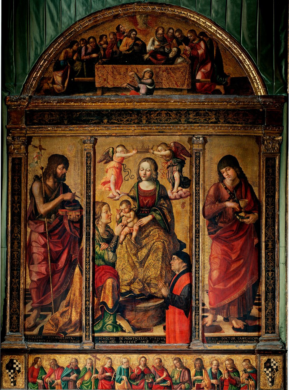 Drieluik van het mystieke huwelijk van St. Catharina, omringd door de heiligen Johannes de Doper en Johannes de Evangelist door Cristoforo Scacco