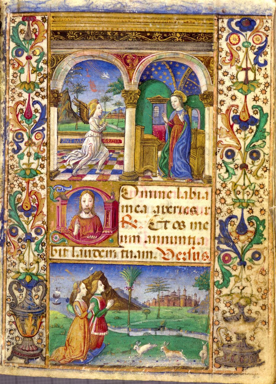 Annunciatie, getijdenboek van Borromeo, met Giovanni III Borromeo en zijn vrouw Cleofa Pio da Carpi tijdens het gebed. door Cristoforo De Predis