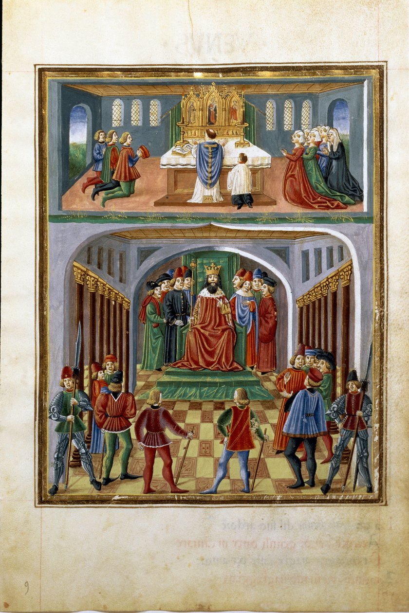 Invloed van de zon: tijdelijke machten (koning voor zijn hovelingen) en geestelijke machten (priester dienend in een kerk). (miniatuur, ca. 1470) door Cristoforo De Predis