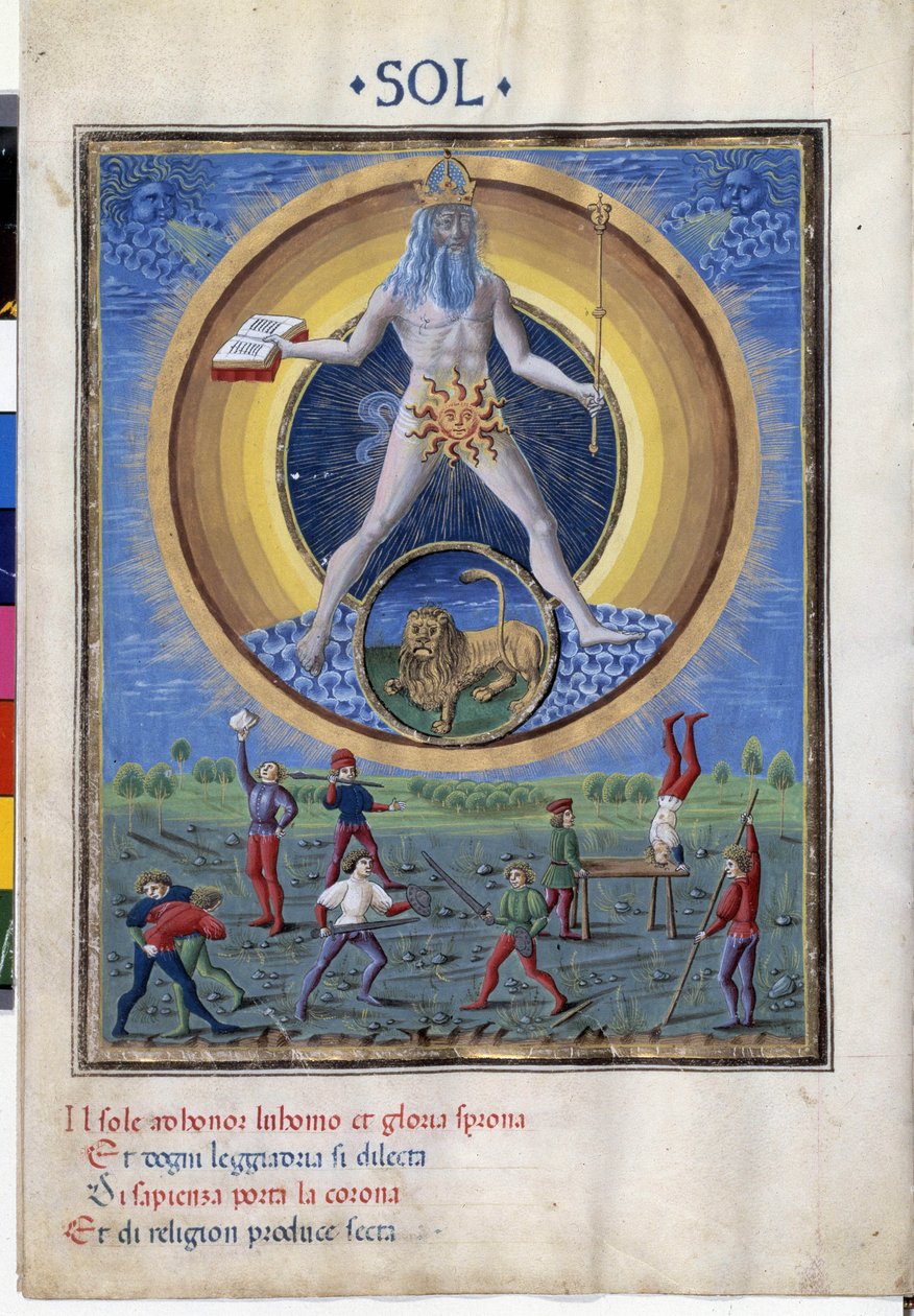Zon met het sterrenbeeld Leeuw. Onder zijn scènes van fysieke oefeningen van mannen. Miniatuur gemaakt door Cristoforo de Predis in 