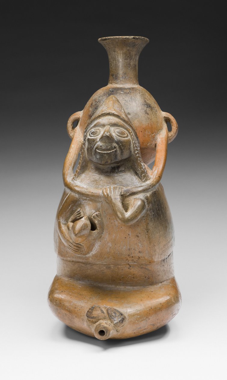 Ritueel vat dat een vrouw voorstelt die een vat draagt (Aryballos) en een kind voedt, A.D. 1200-1450 door Culture Chimu