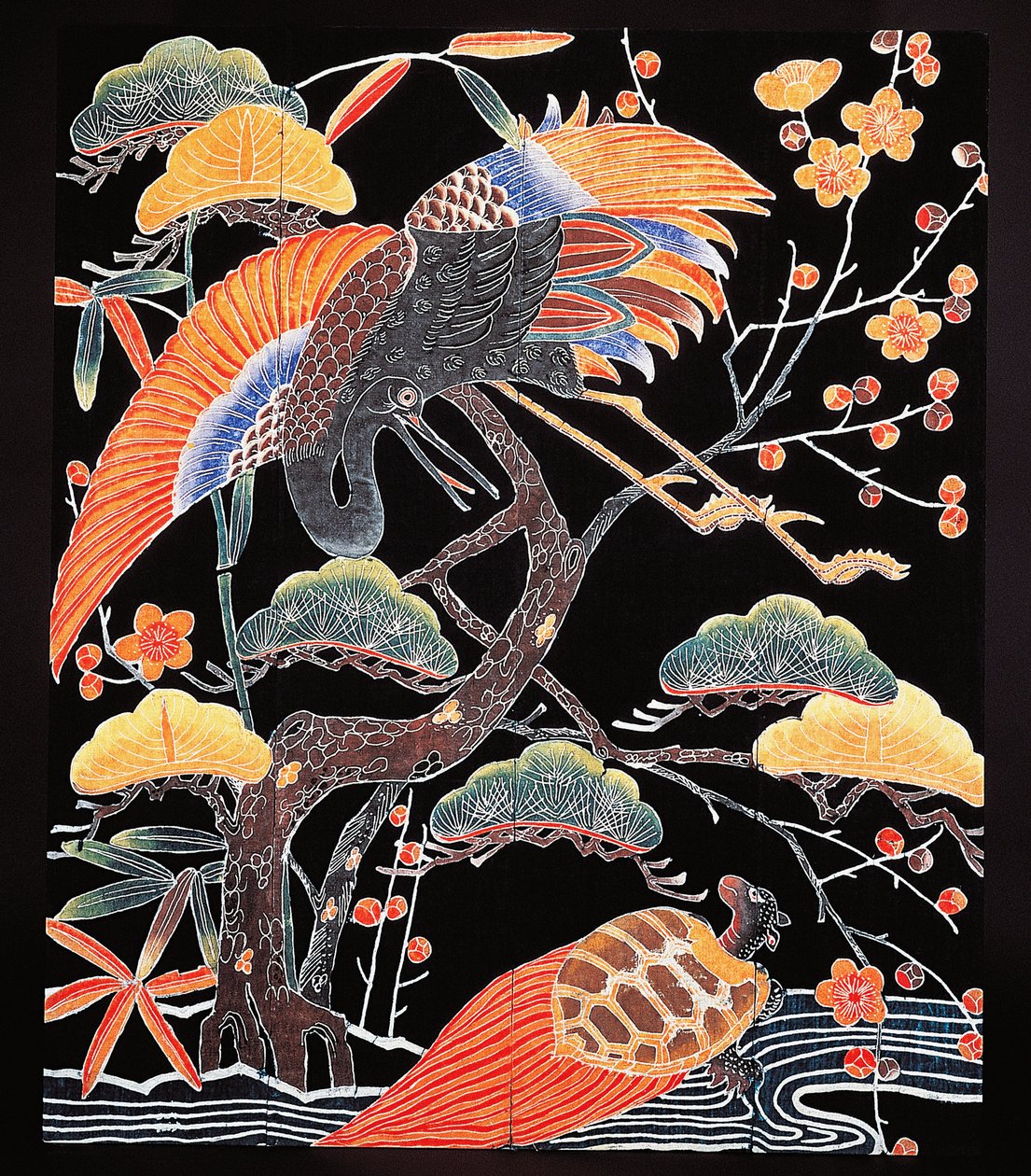 Kraanvogels en langstaart schildpad (tsurugame) detail van kimono stof met gunstige motieven, Japanse beschaving, Edo periode door Culture Edo