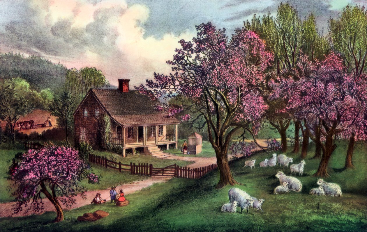 Amerikaanse boerderij in de lente, 1869 door Currier and Ives