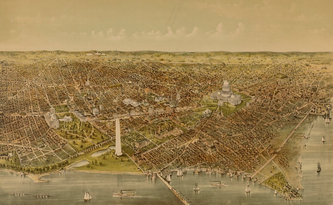De stad Washington (Vogelvlucht vanaf de Potomac kijkend naar het noorden) door Currier and Ives