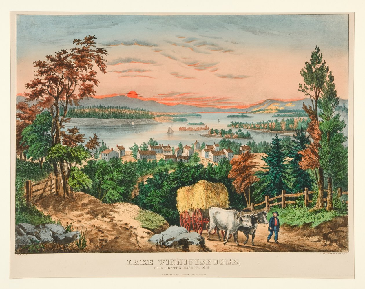 Lake Winnipiseogee, vanaf Centre Harbor, NH door Currier and Ives