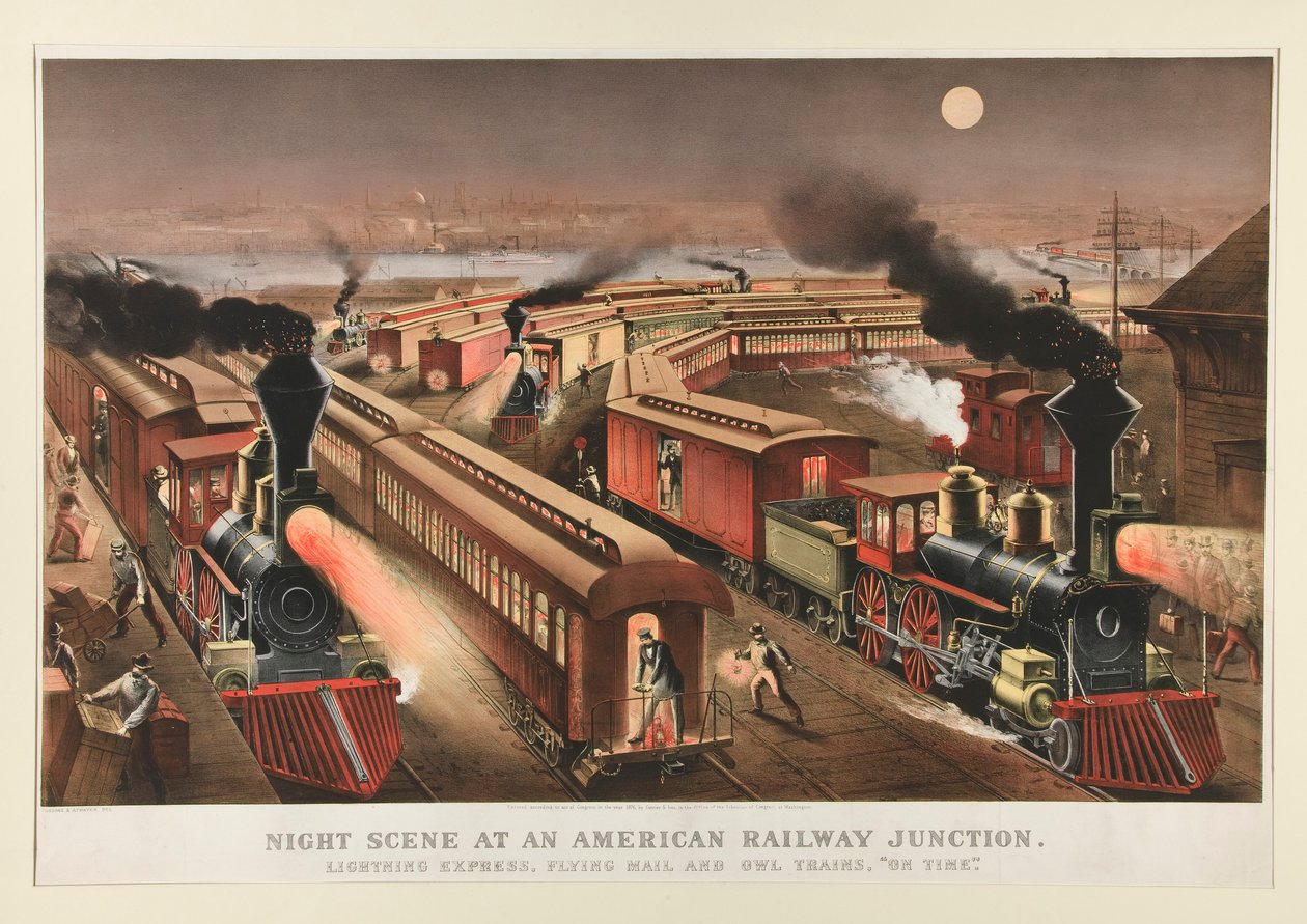 Nachtelijke scène bij een Amerikaans spoorwegknooppunt door Currier and Ives
