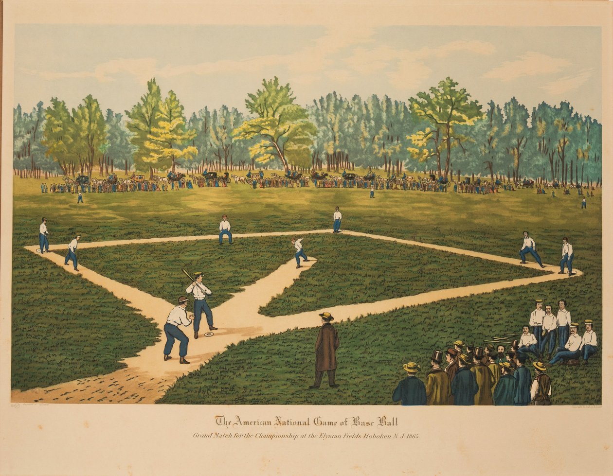 Het Amerikaanse Nationale Spel van Honkbal, ca. 1866 door Currier and Ives.
