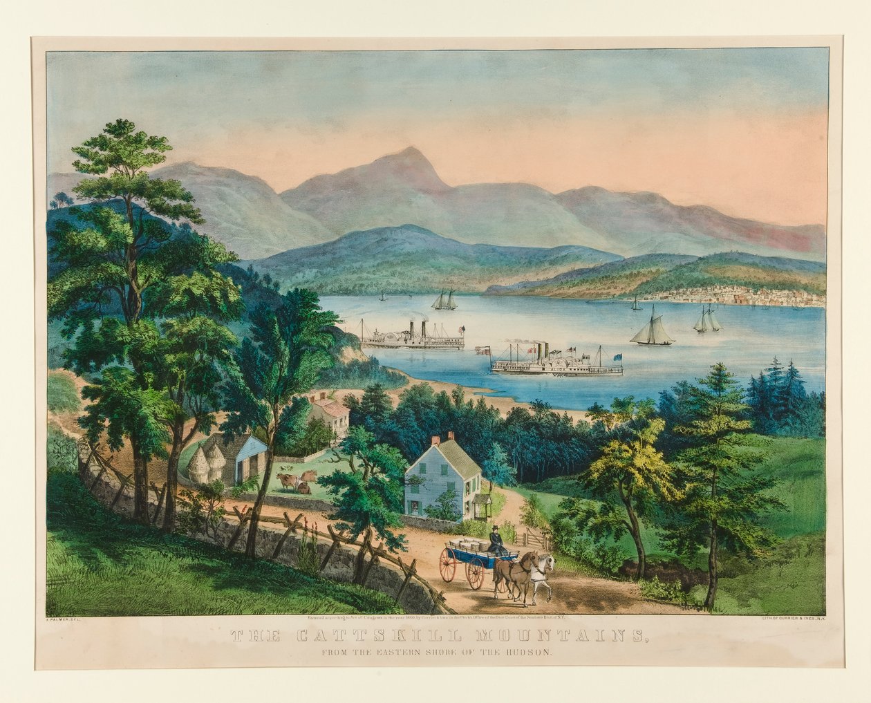 De Catskill Mountains vanaf de oostelijke oever van de Hudson door Currier and Ives