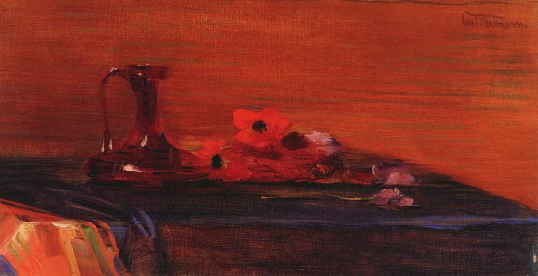 Stilleven met anemonen en donkerrode glazen karaf door Curt Herrmann
