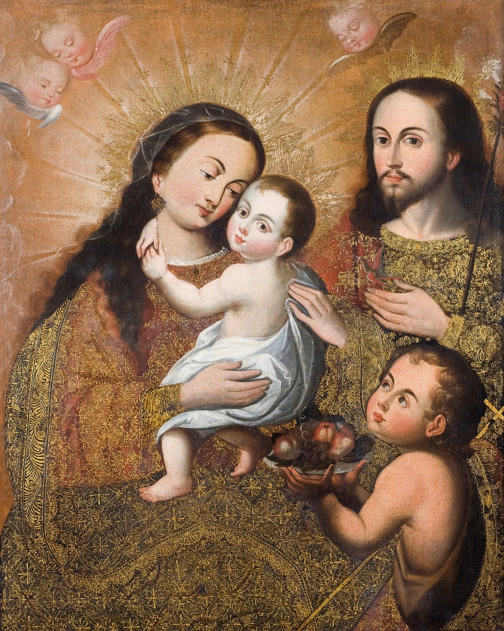 Heilige Familie met Sint Johannes en een distelvink door Cuzco School